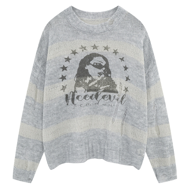 美式復古印花破洞鏤空防曬長袖罩衫女夏季慵懶風針織上衣