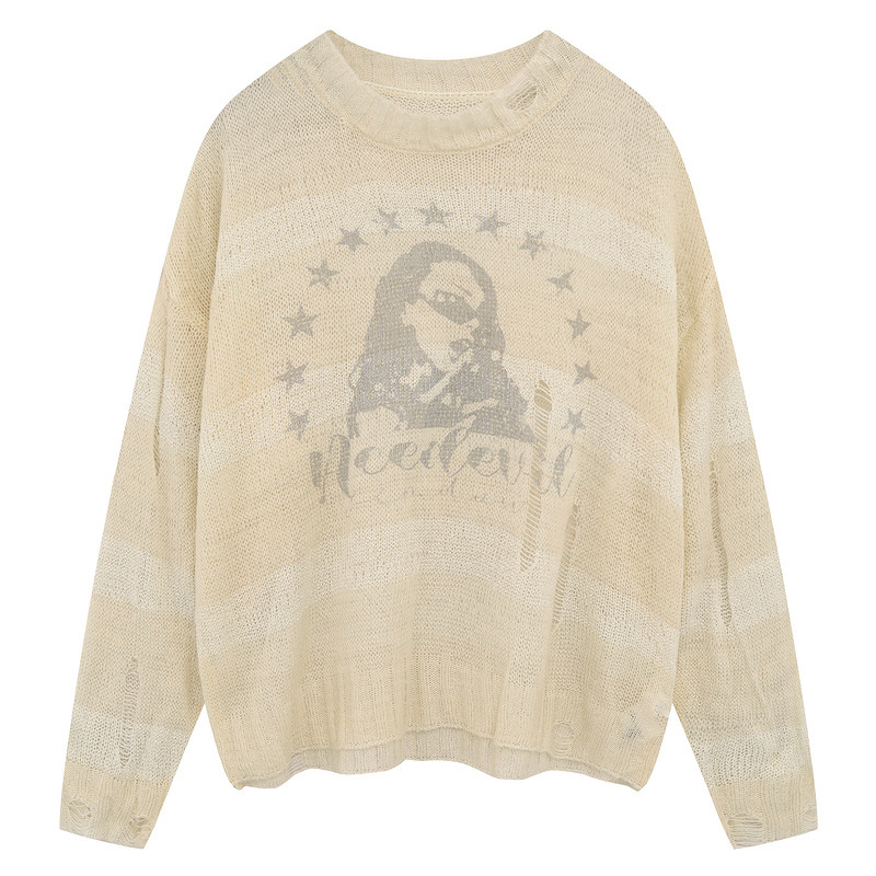 美式復古印花破洞鏤空防曬長袖罩衫女夏季慵懶風針織上衣