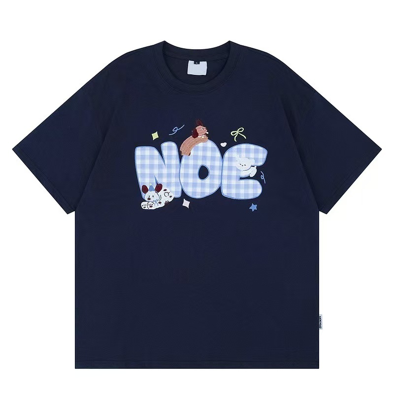 可愛小狗格子刺繡短袖T恤女美式潮牌甜酷寬鬆百搭休閒上衣