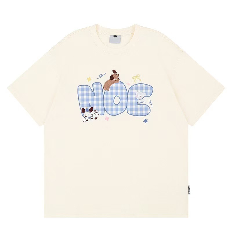 可愛小狗格子刺繡短袖T恤女美式潮牌甜酷寬鬆百搭休閒上衣