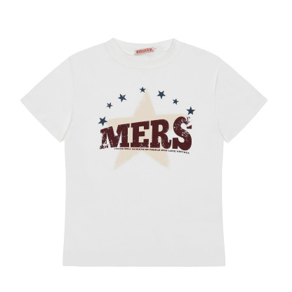 正肩T恤女美式復古星星印花夏季設計感短款寬鬆短袖上衣