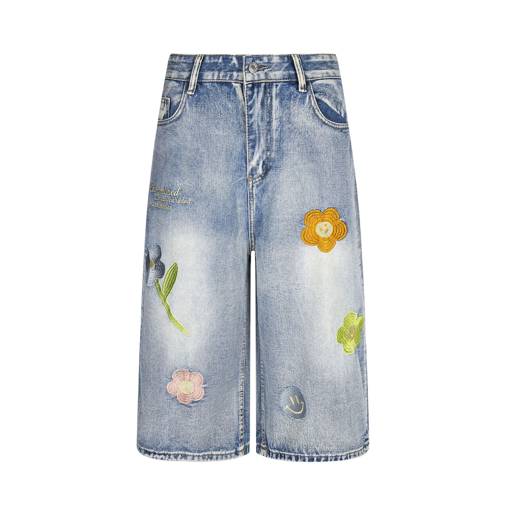 花朵刺繡藍色牛仔七分褲女美式復古慵懶小眾直筒夏季短褲