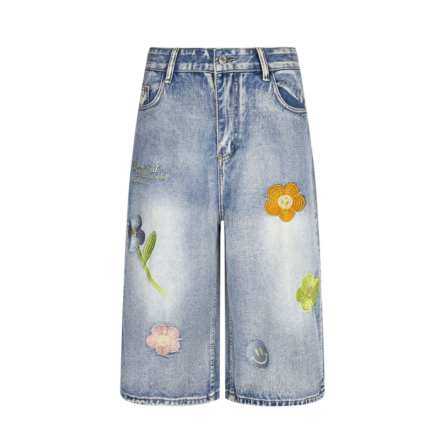 花朵刺繡藍色牛仔七分褲女美式復古慵懶小眾直筒夏季短褲