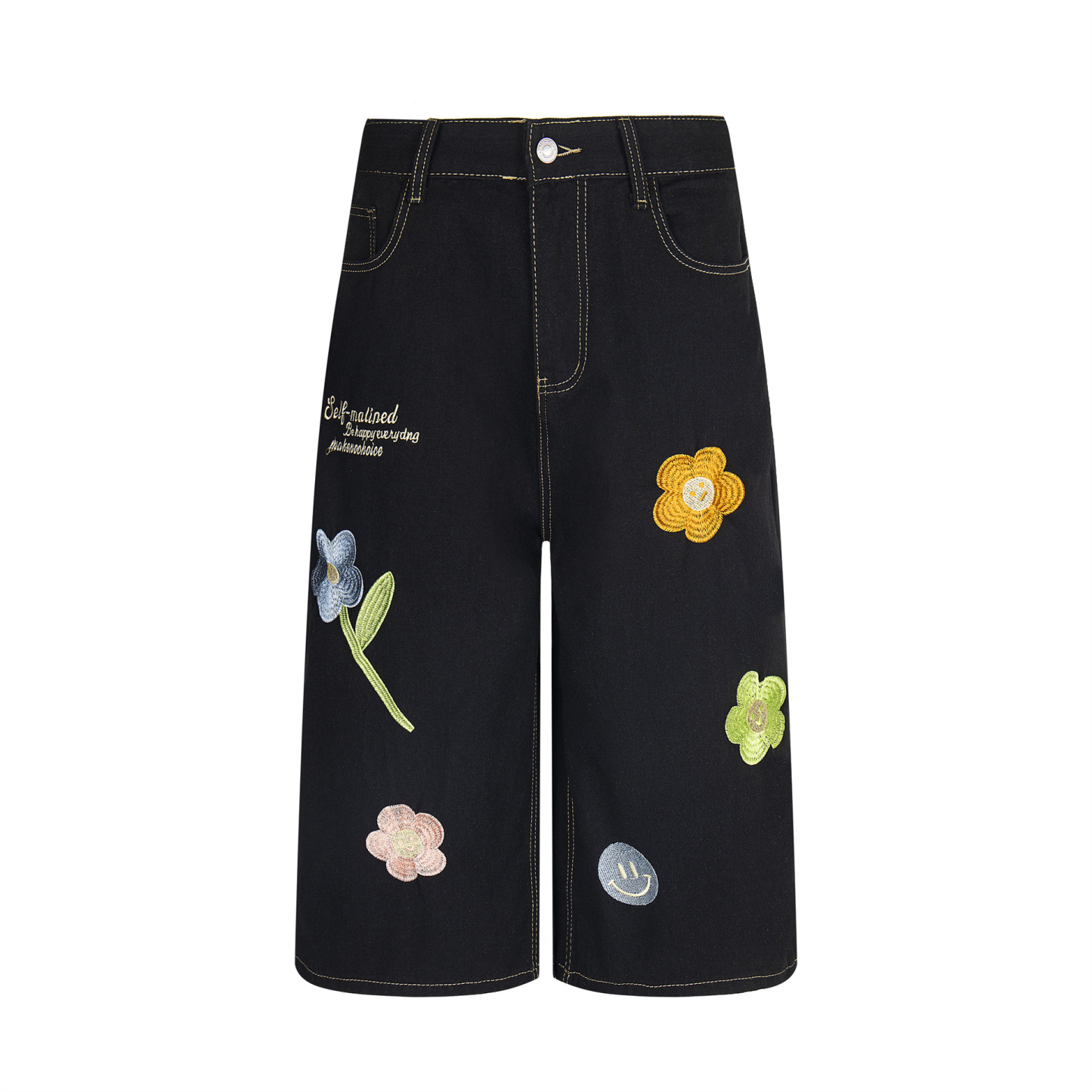 花朵刺繡藍色牛仔七分褲女美式復古慵懶小眾直筒夏季短褲