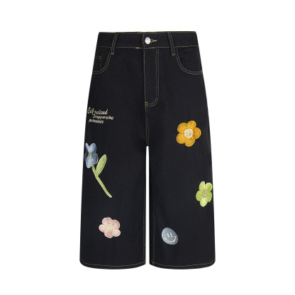 花朵刺繡藍色牛仔七分褲女美式復古慵懶小眾直筒夏季短褲