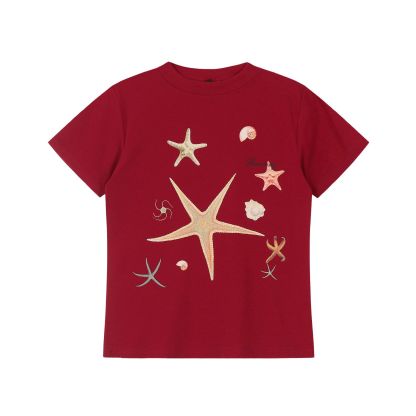 正肩T恤女美式復古海星印花短款微寬鬆圓領顯瘦紅色短袖t