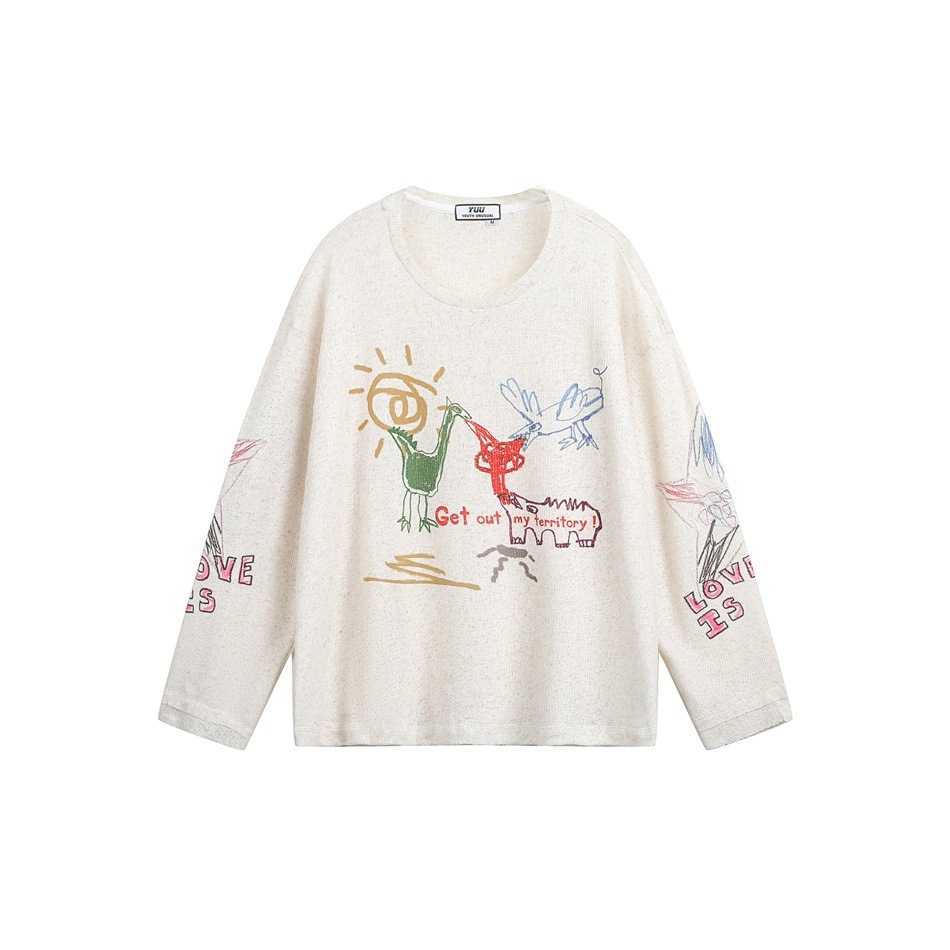 創意卡通塗鴉長袖T恤女美式潮牌寬鬆慵懶輕薄休閒防曬罩衫