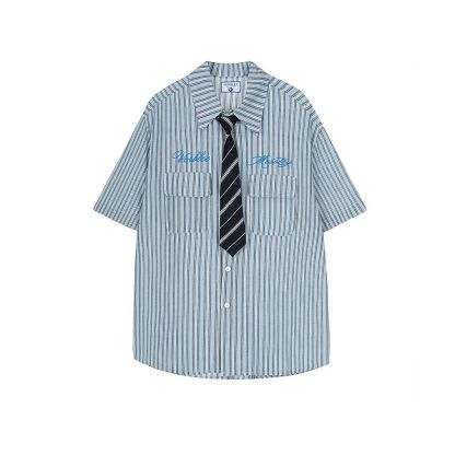 肌理紋設計感學院風短袖襯衫女刺繡字母條紋寬鬆百搭襯衣夏