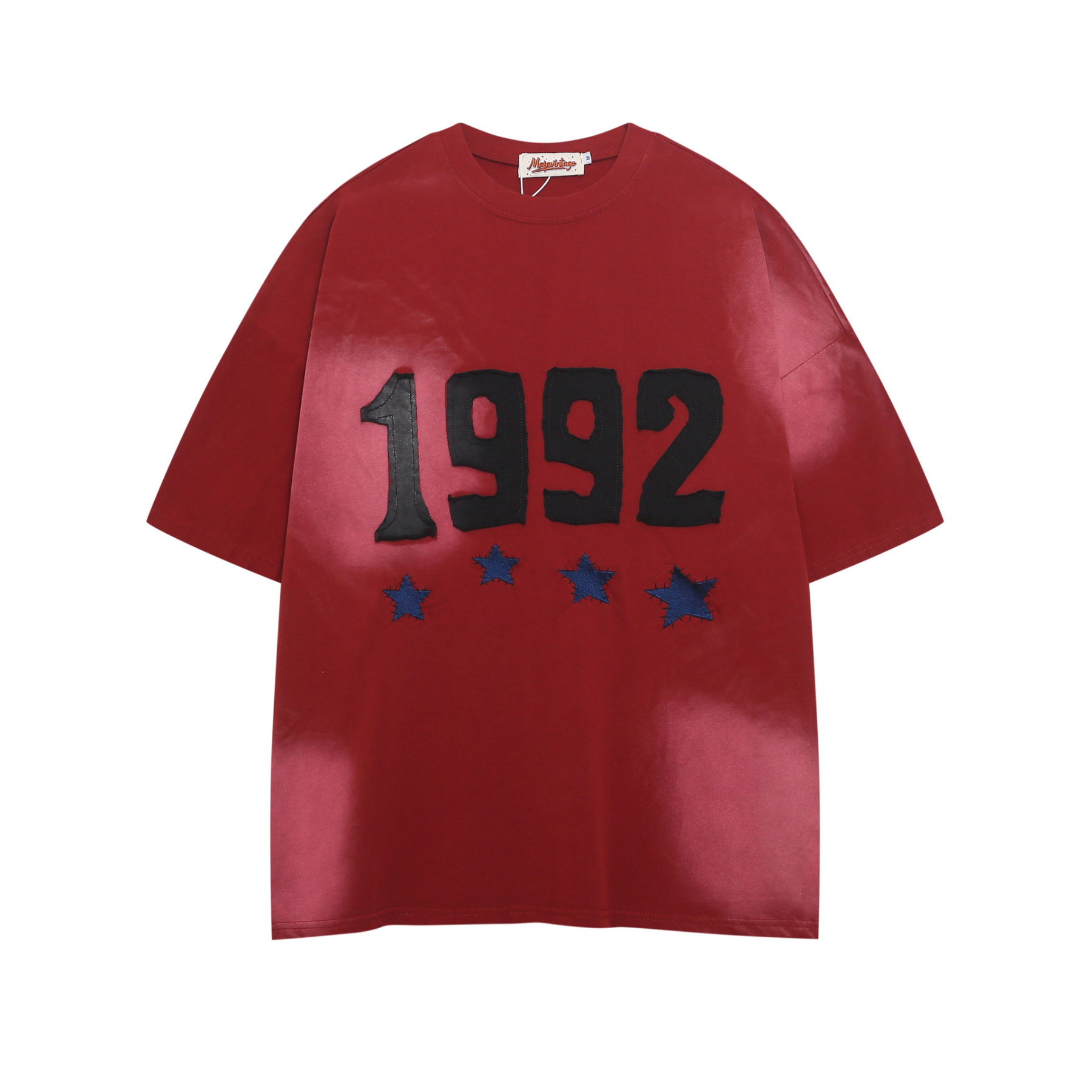 美式復古水洗噴繪重磅短袖T恤女刺繡字母紅色tee