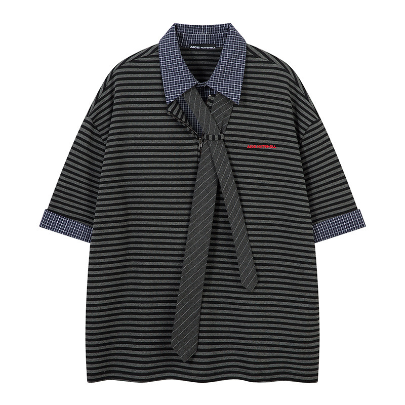 重磅高級感黑灰條紋短袖T恤女格子翻領美式復古上衣