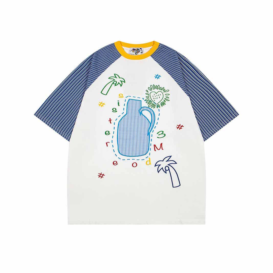 夏季新圓領撞色插肩短袖T卹女趣味刺繡百搭夏季tee