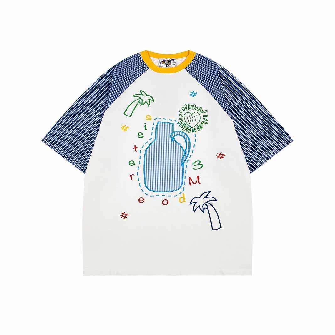 夏季新圓領撞色插肩短袖T卹女趣味刺繡百搭夏季tee