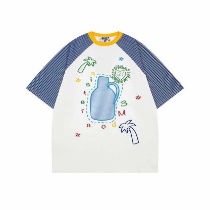 夏季新圓領撞色插肩短袖T卹女趣味刺繡百搭夏季tee