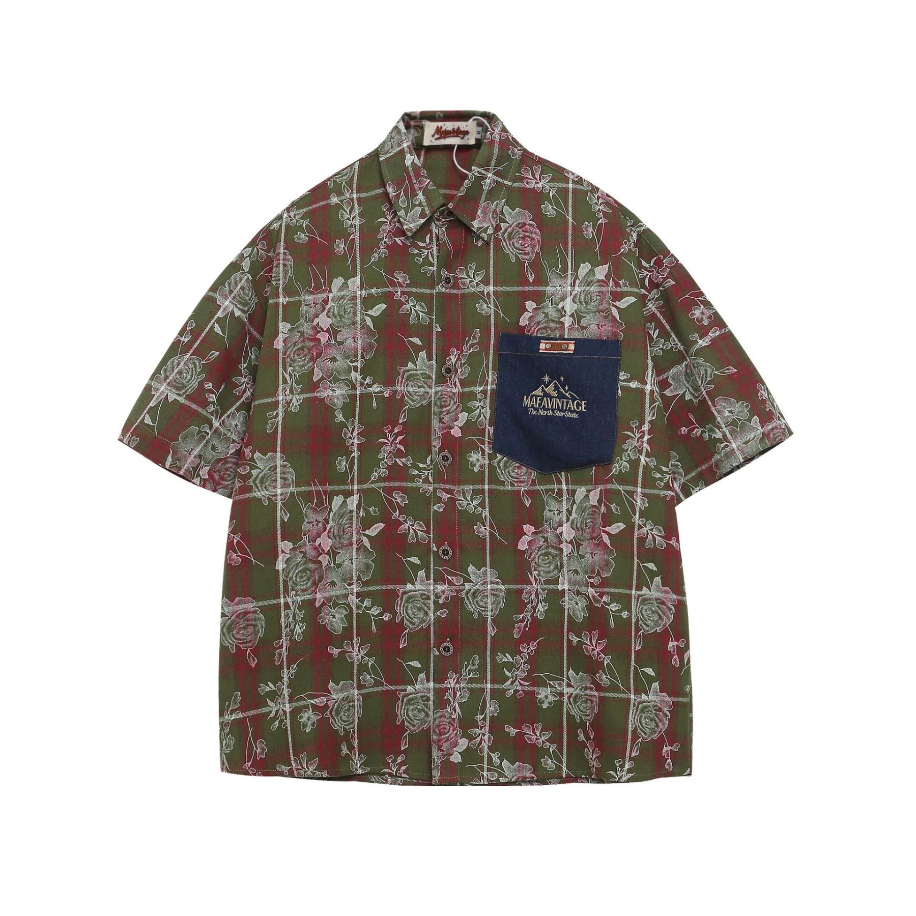 美式復古花卉格紋設計感短袖襯衫女夏季個性潮牌寬鬆襯衣