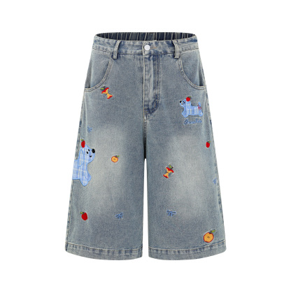 格紋小狗貼布七分牛仔褲女美式復古慵懶小眾闊腿顯瘦短褲