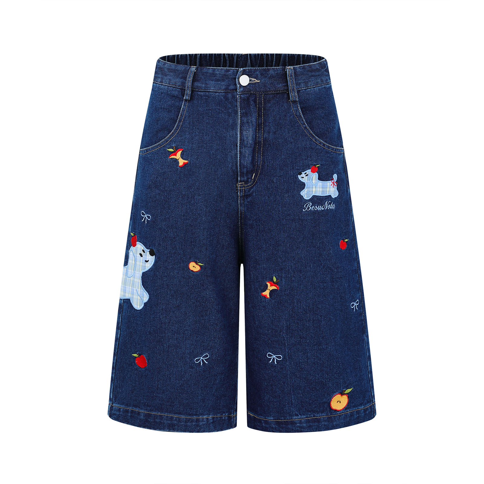 格紋小狗貼布七分牛仔褲女美式復古慵懶小眾闊腿顯瘦短褲