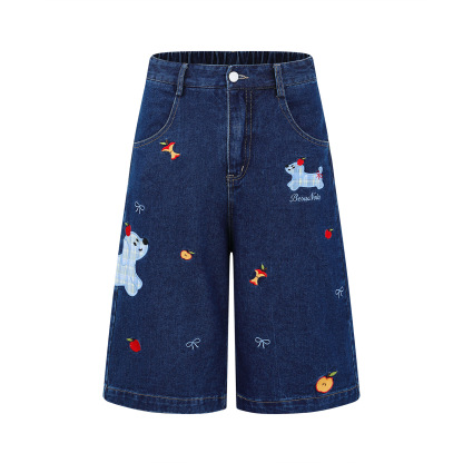 格紋小狗貼布七分牛仔褲女美式復古慵懶小眾闊腿顯瘦短褲