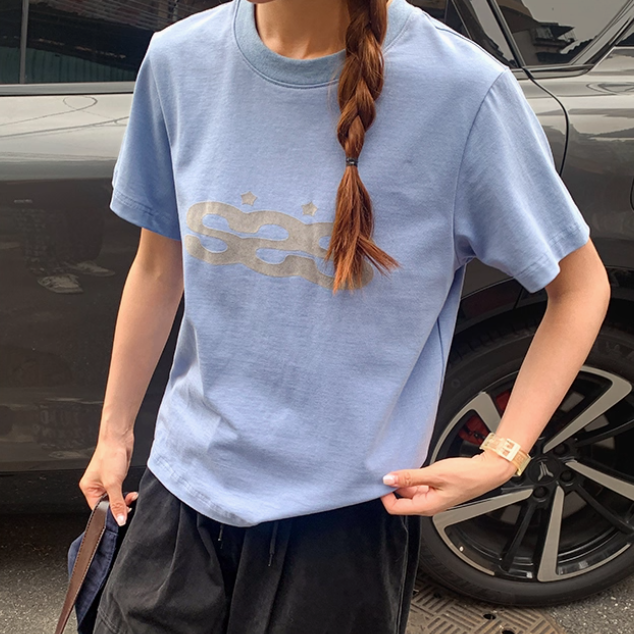 美式復古原創植絨印花正肩短袖t恤女甜酷顯瘦短款小個子上衣