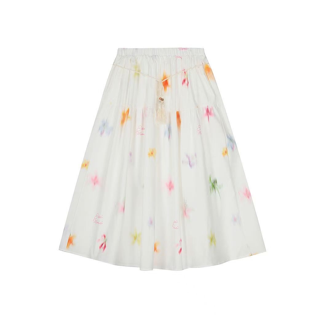 甜美暈染花卉印花半身裙女夏季少女氣質寬鬆A字百搭長裙