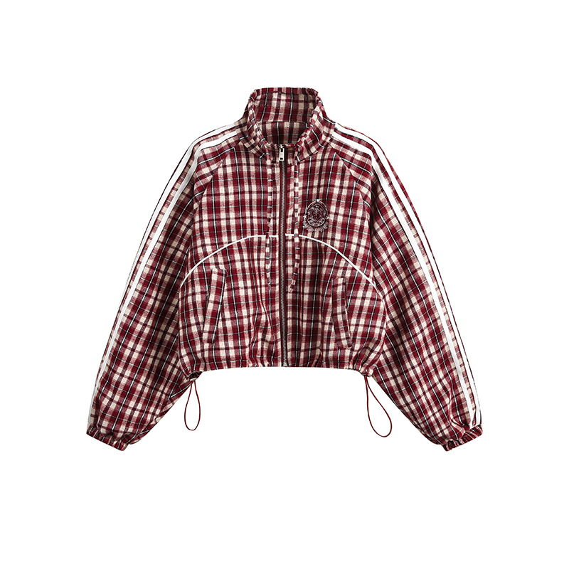 美式復古格子短款寬鬆外套套裝女春秋小個子短半身裙兩件套