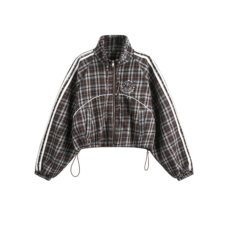 美式復古格子短款寬鬆外套套裝女春秋小個子短半身裙兩件套