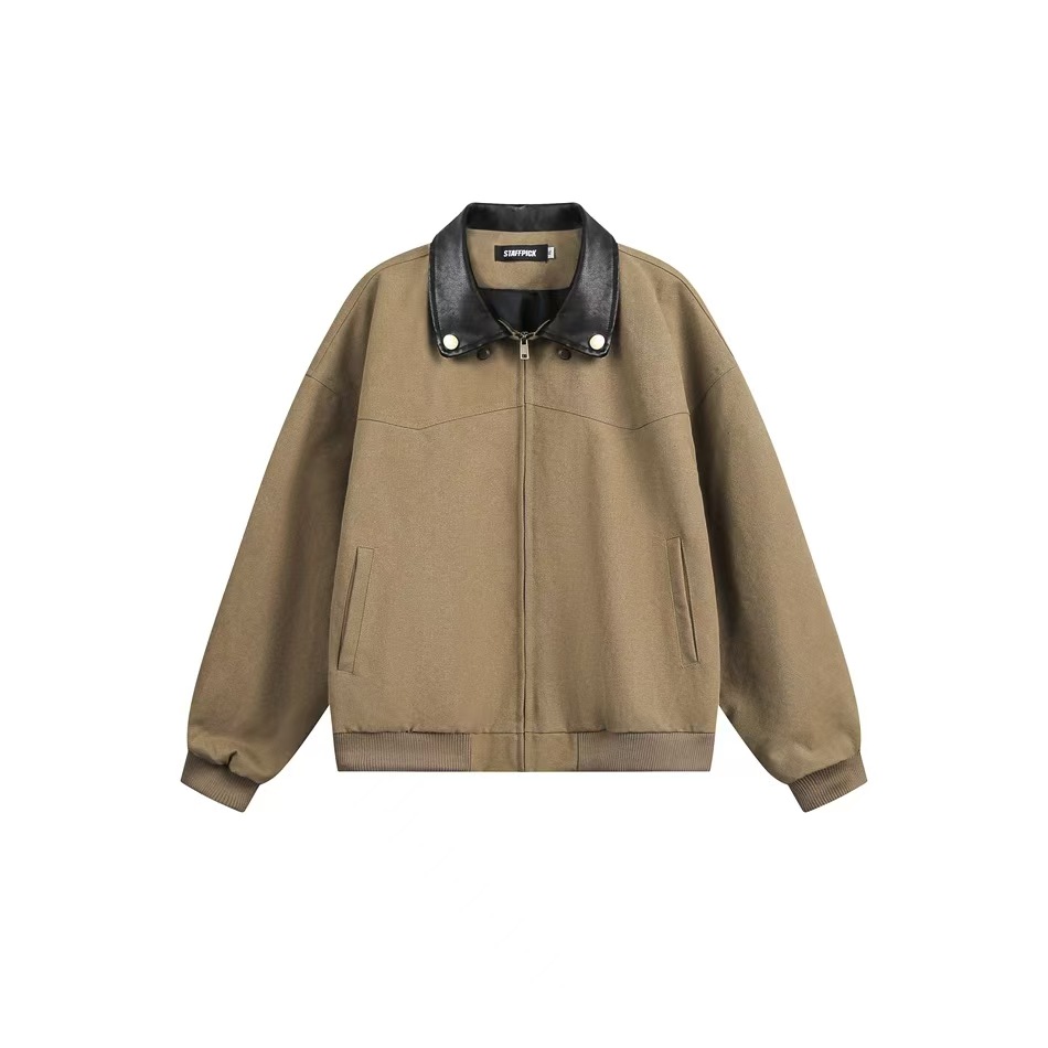 巴恩風外套女短款小個子美式復古pu拼皮工裝翻領夾克