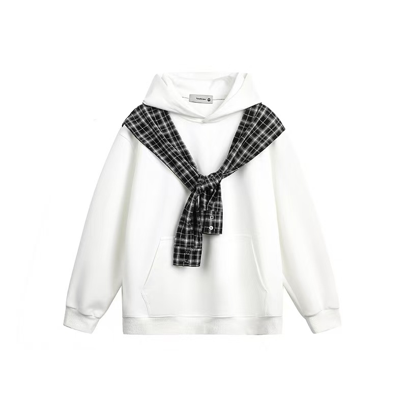 撞色格子披肩假兩件連帽衛衣女秋季小眾設計感慵懶百搭上衣