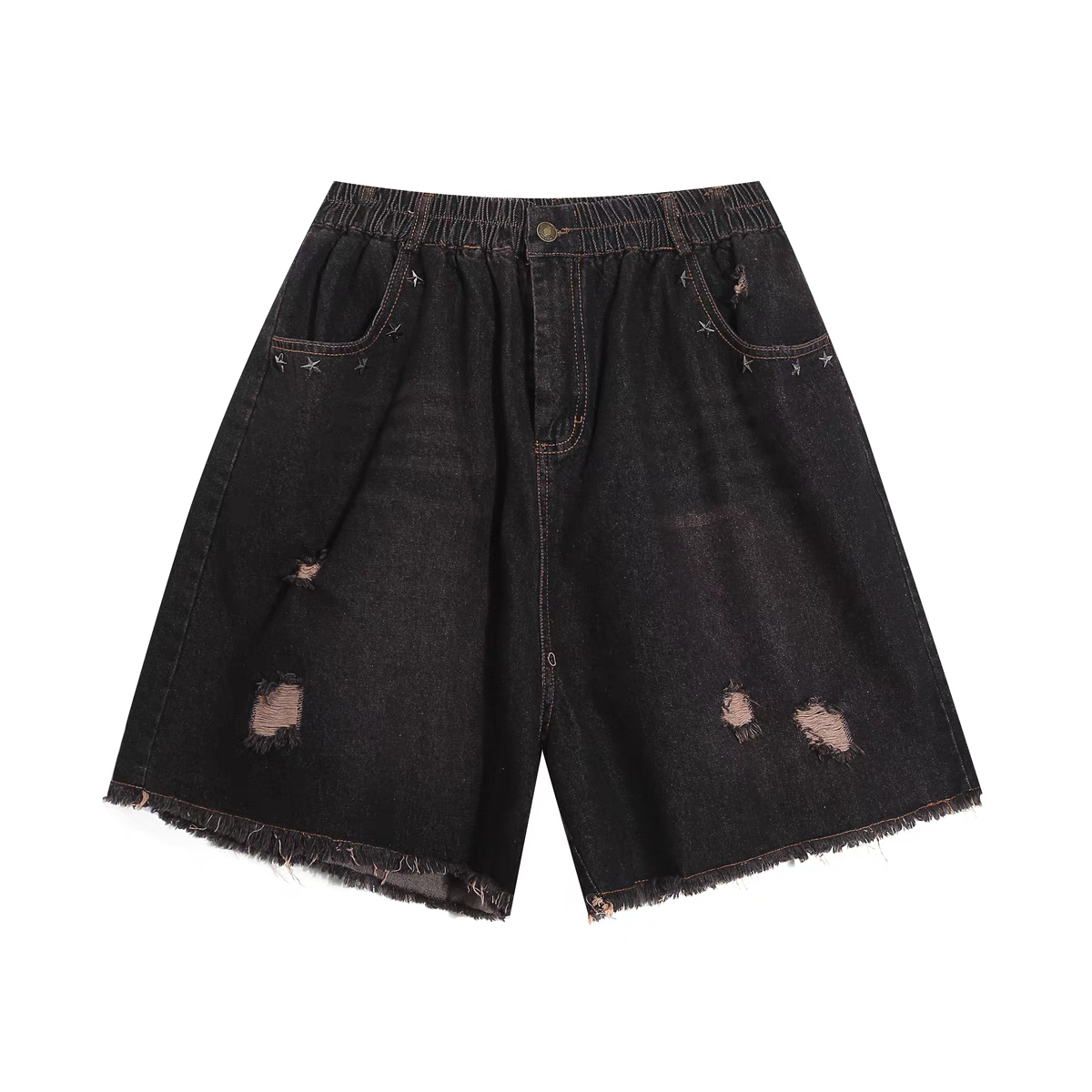 美式水洗破洞牛仔短褲女鬆緊腰寬鬆百搭闊腿五分褲