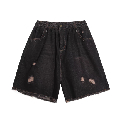 美式水洗破洞牛仔短褲女鬆緊腰寬鬆百搭闊腿五分褲