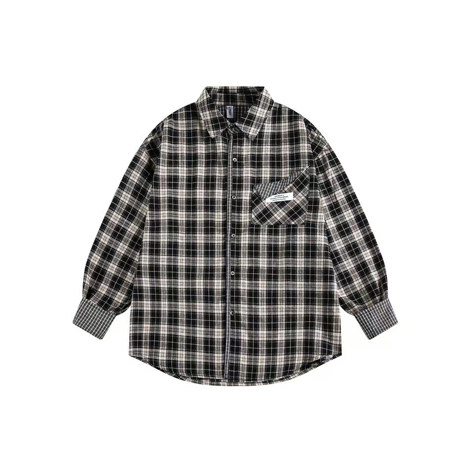 美式復古拼接格紋設計感長袖襯衫女秋季新款小眾潮牌襯衣