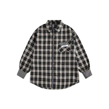 美式復古拼接格紋設計感長袖襯衫女秋季新款小眾潮牌襯衣