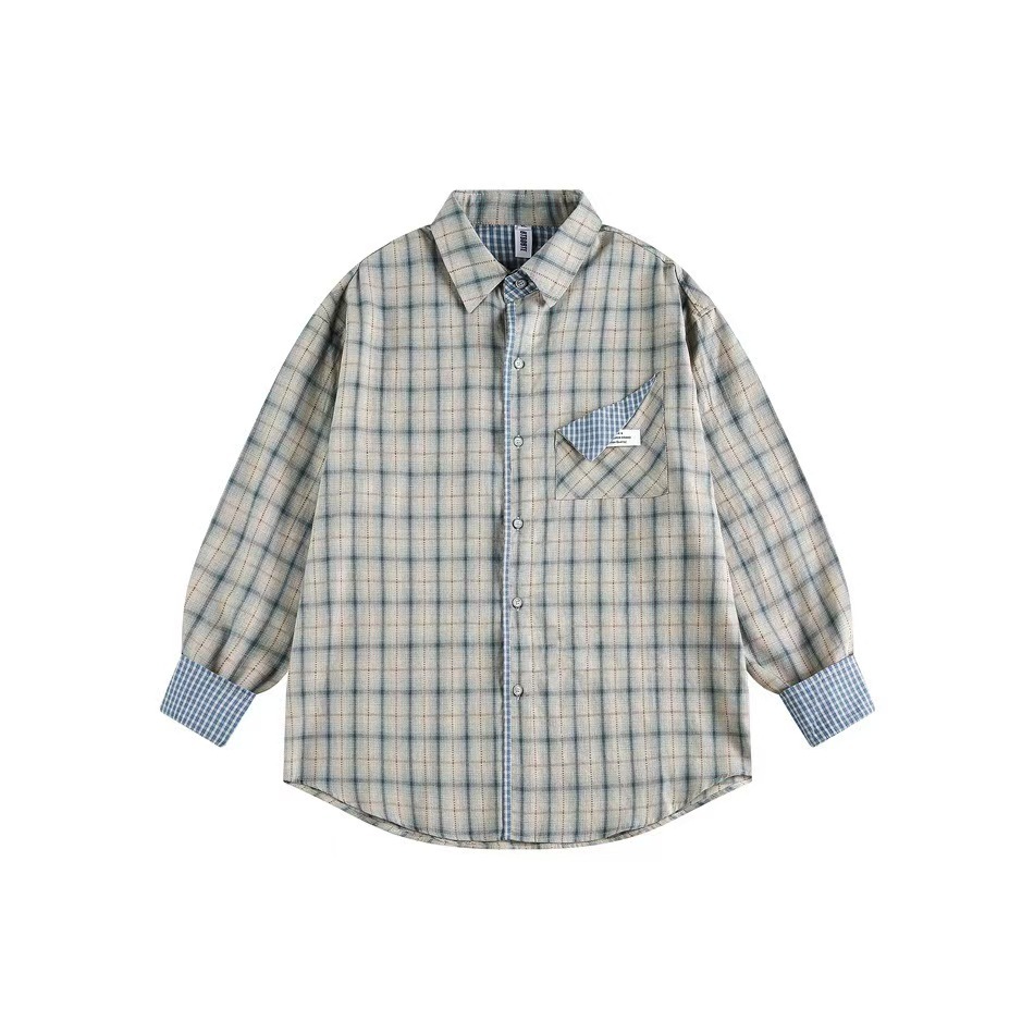 美式復古拼接格紋設計感長袖襯衫女秋季新款小眾潮牌襯衣