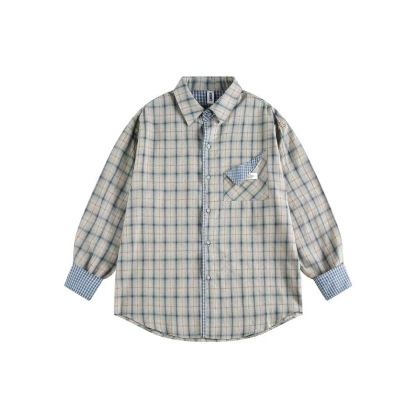 美式復古拼接格紋設計感長袖襯衫女秋季新款小眾潮牌襯衣