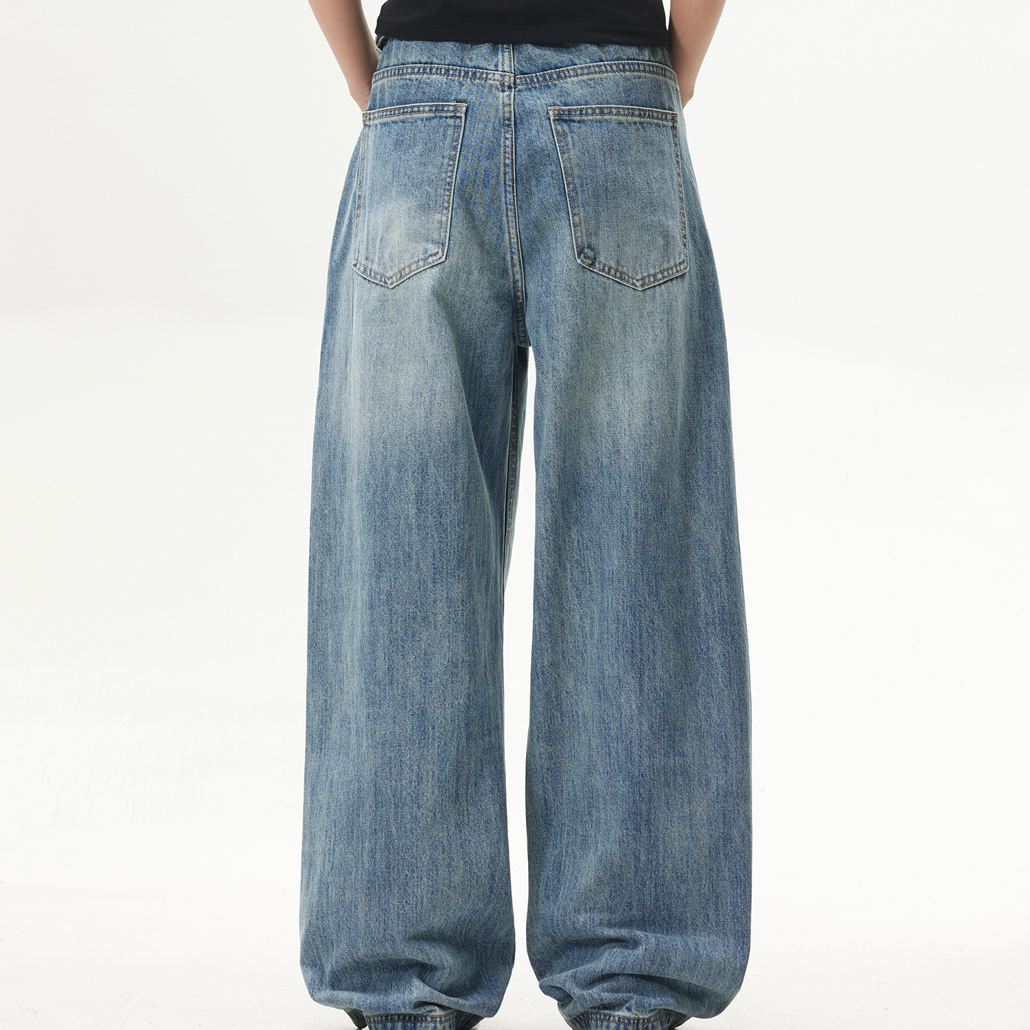 復古水洗cleanfit藍色直筒牛仔褲女美式潮牌闊腿長褲