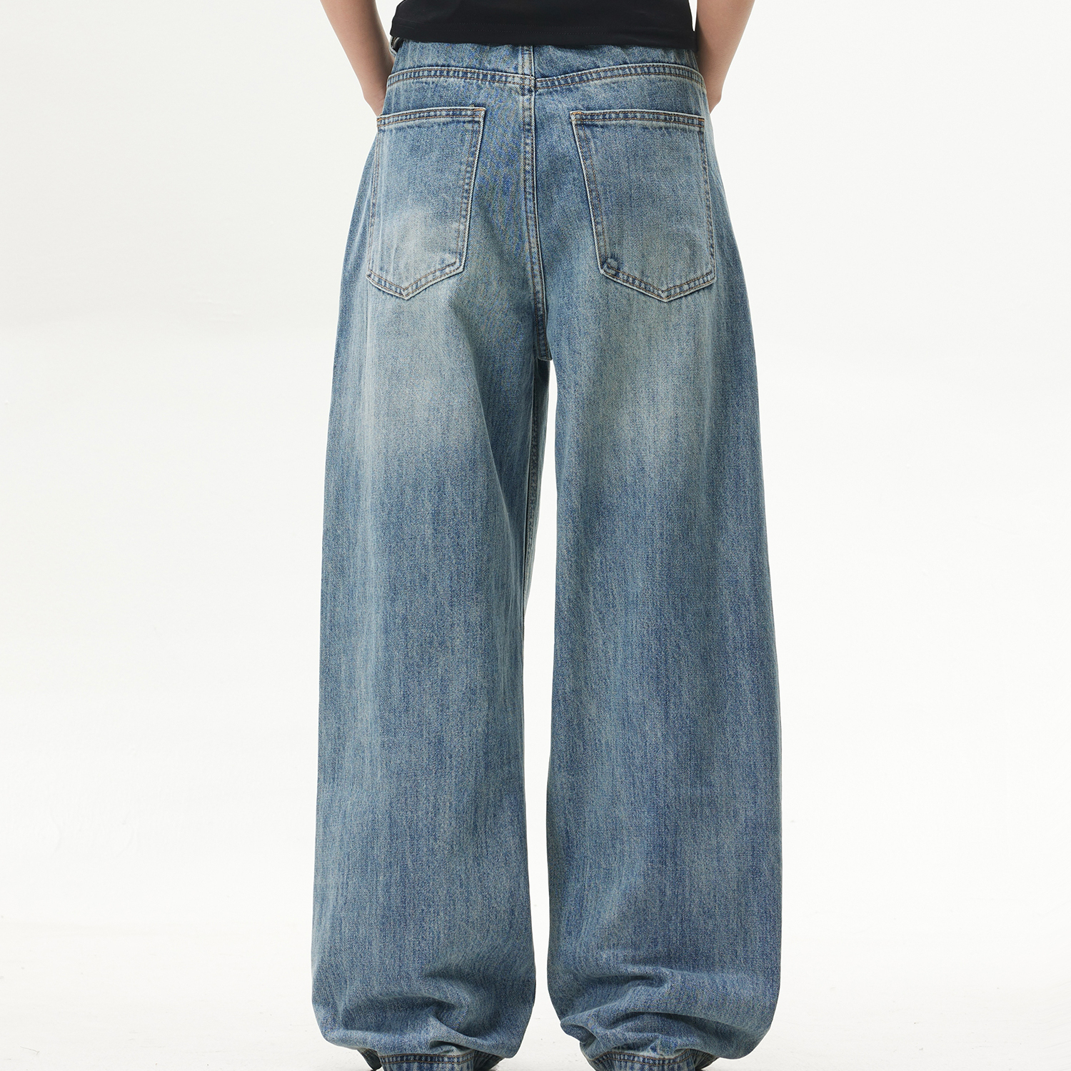 復古水洗cleanfit藍色直筒牛仔褲女美式潮牌闊腿長褲
