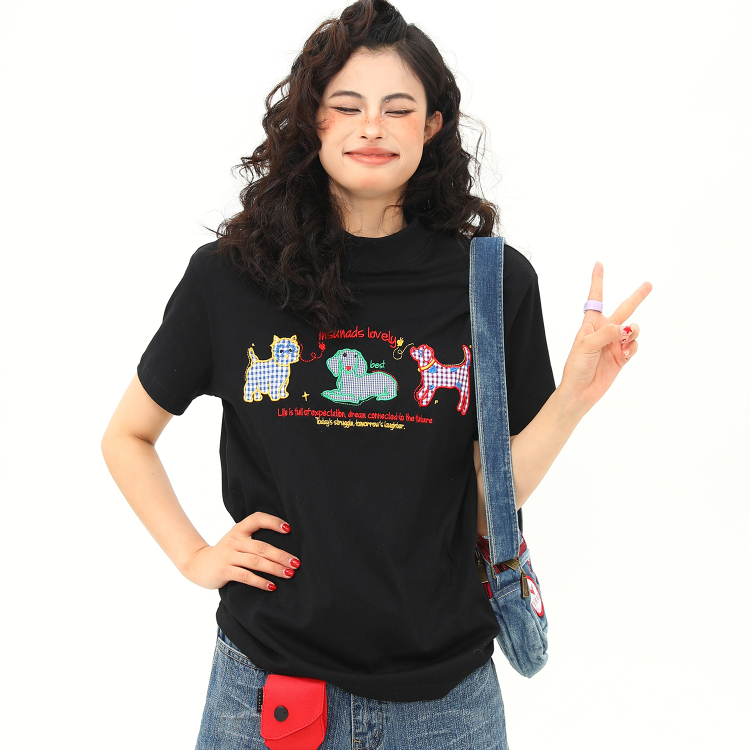 正肩T恤女小狗卡通刺繡復古微寬鬆短款顯瘦百搭短袖女