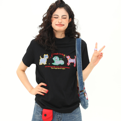 正肩T恤女小狗卡通刺繡復古微寬鬆短款顯瘦百搭短袖女