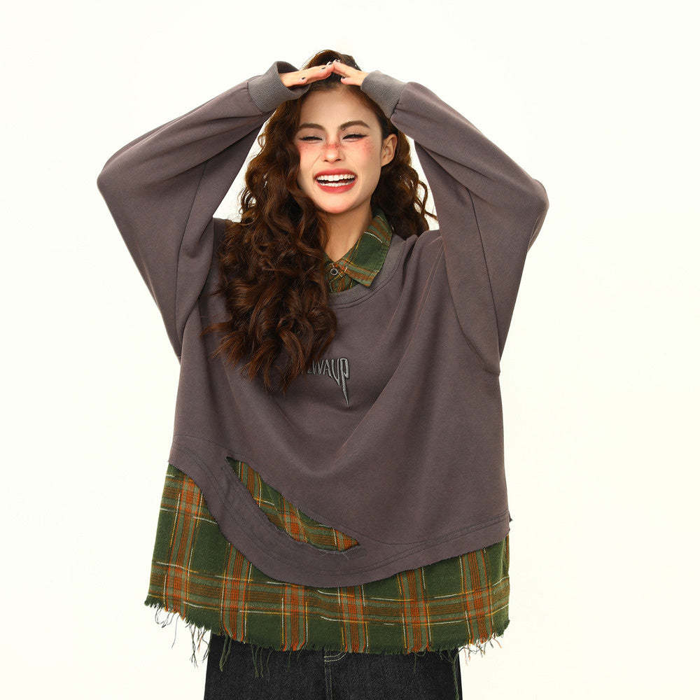 假兩件設計感做舊復古拼接衛衣女美式街頭嘻哈外套