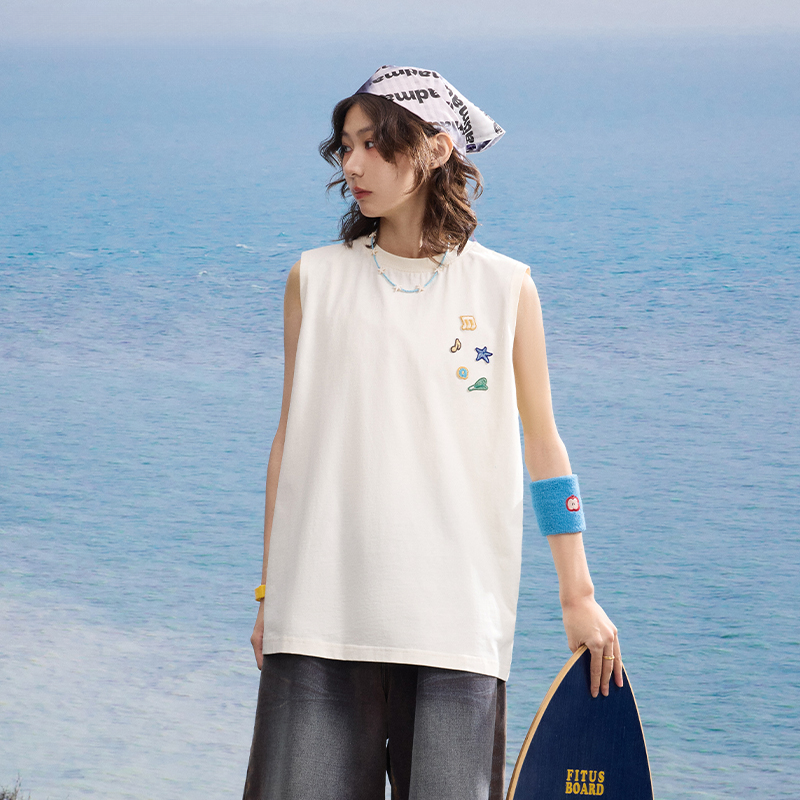 日系寬鬆無袖繡章裝潢雙紗面料原創純棉休閒背心女夏