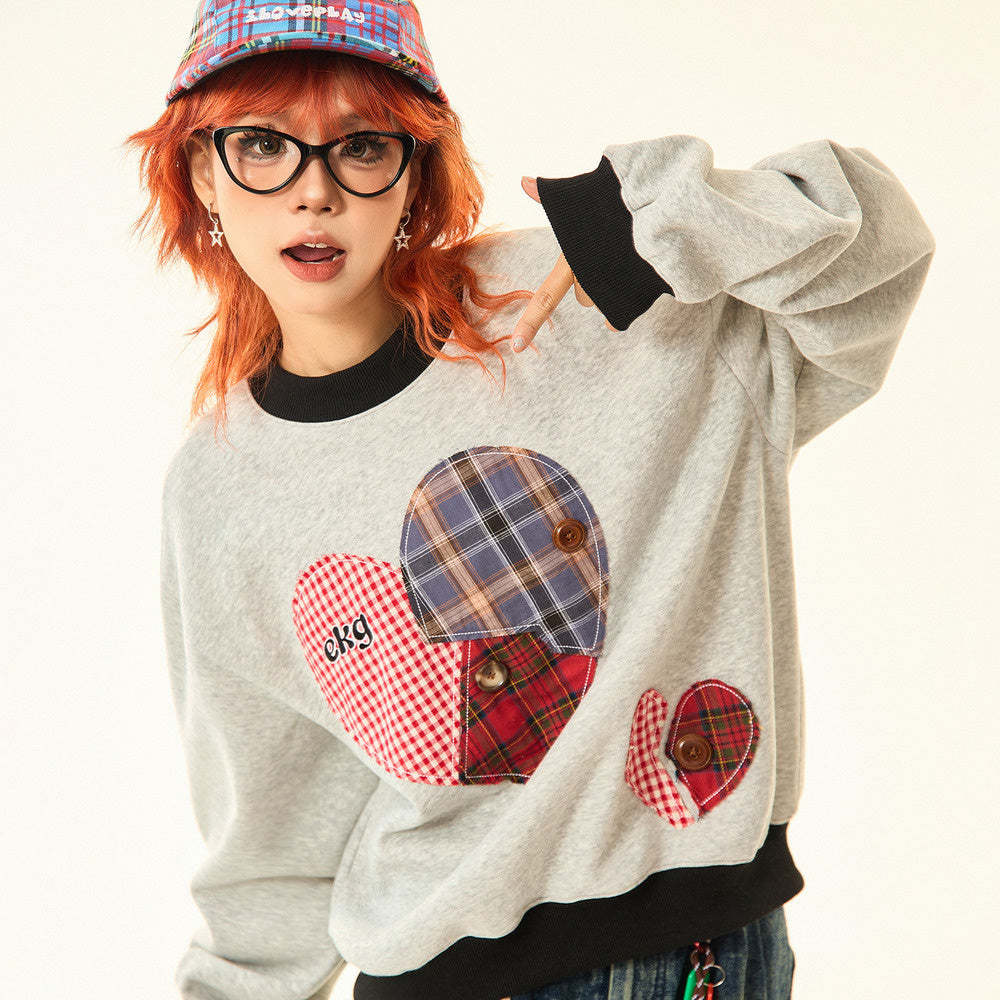 美式復古格子愛心貼布圓領衛衣女秋冬設計感寬鬆休閒上衣