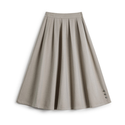 灰色毛呢大擺半身長裙針織鬆緊腰垂墜感百褶A字傘裙秋冬女士