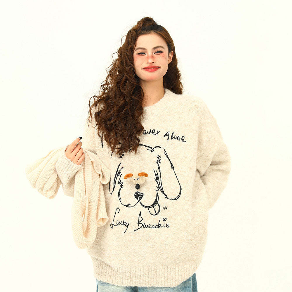 立體小狗慵懶風毛衣女冬季氛圍感加厚寬鬆復古軟糯外套
