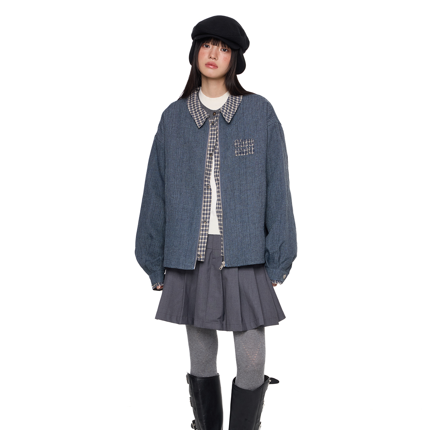 刺繡格子拼接翻領竹節布夾克外套女秋新款休閒寬鬆百搭上衣