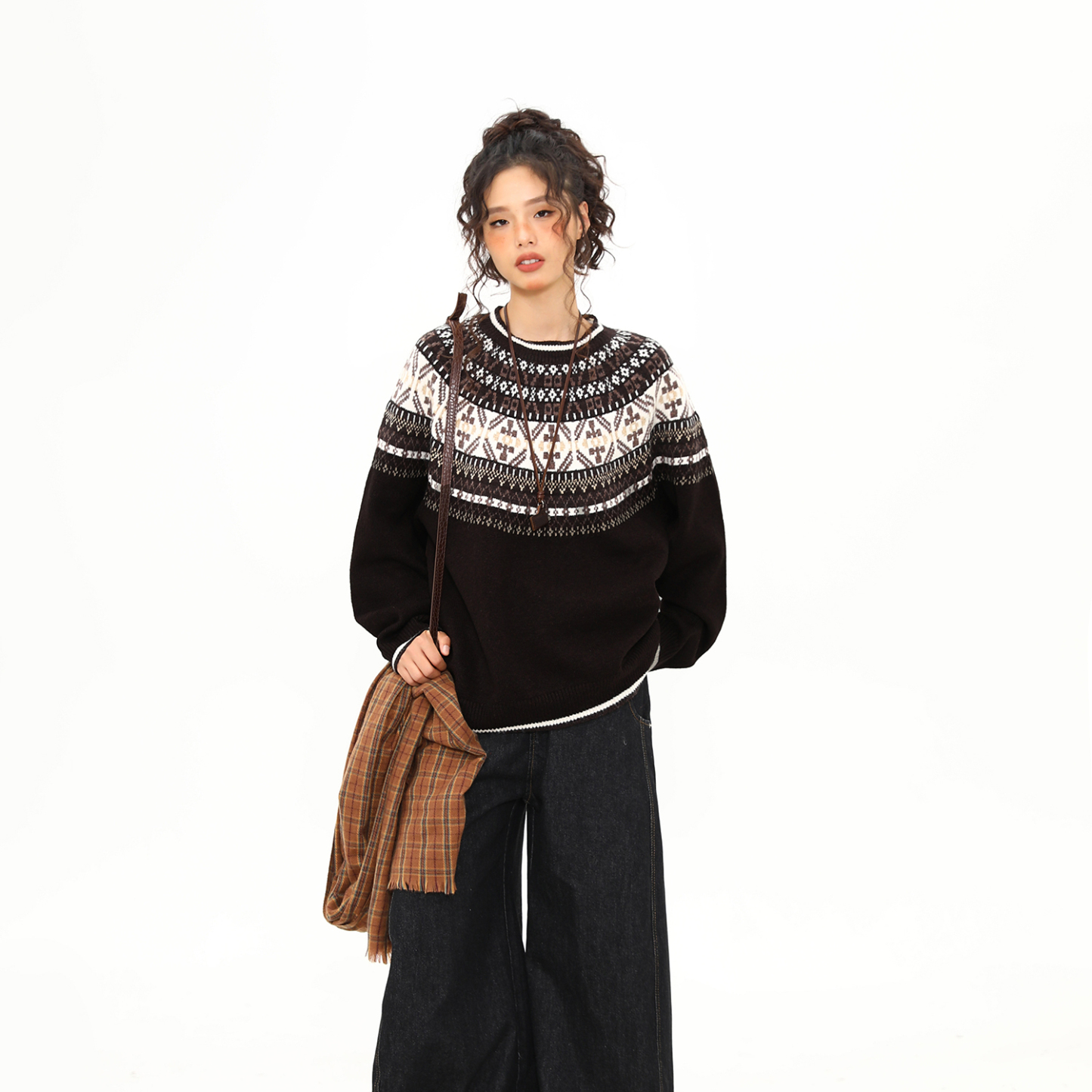 美式復古費爾島提花毛衣女秋冬慵懶風圓領軟糯針織衫上衣