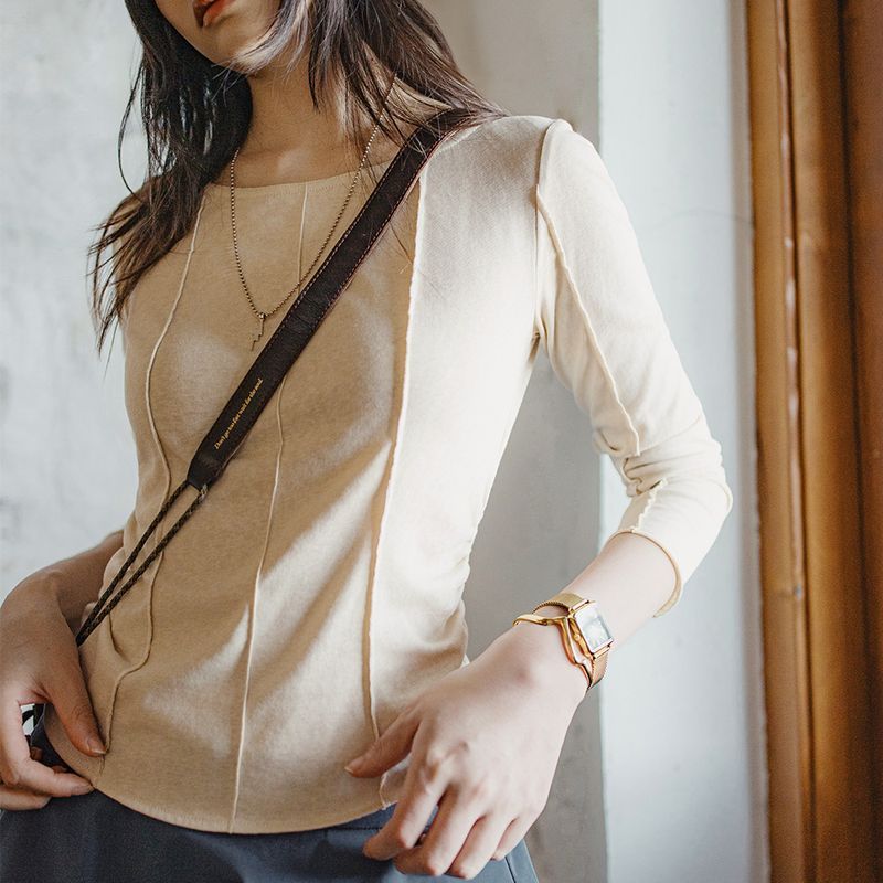 大領口薄款針織正肩長袖t恤魚骨收腰修身上衣打底罩衫女士夏