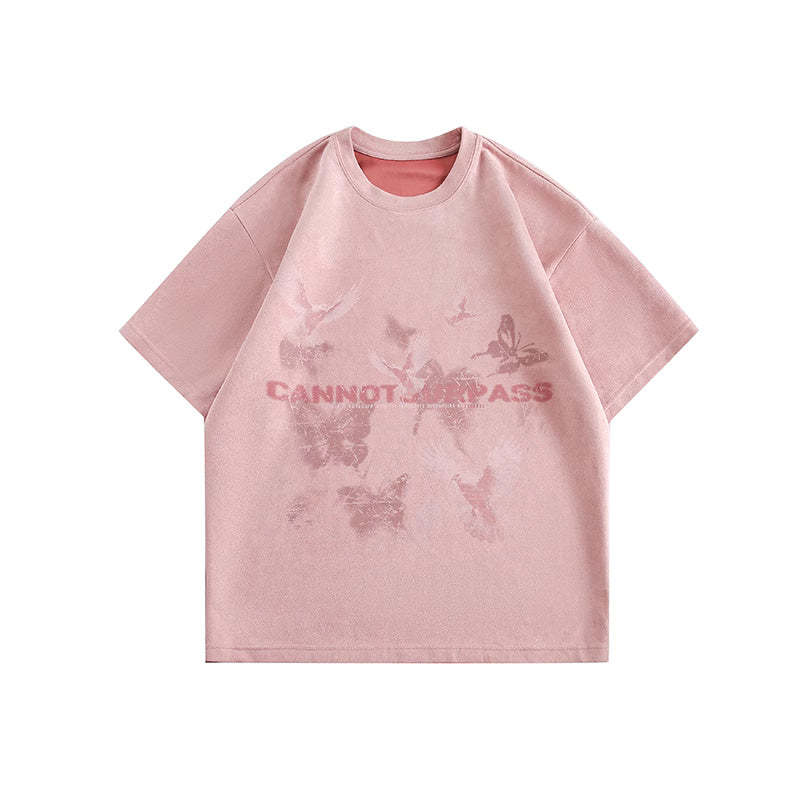 美式復古麂皮絨蝴蝶短袖t恤女夏季2025新款設計感寬鬆半袖上衣