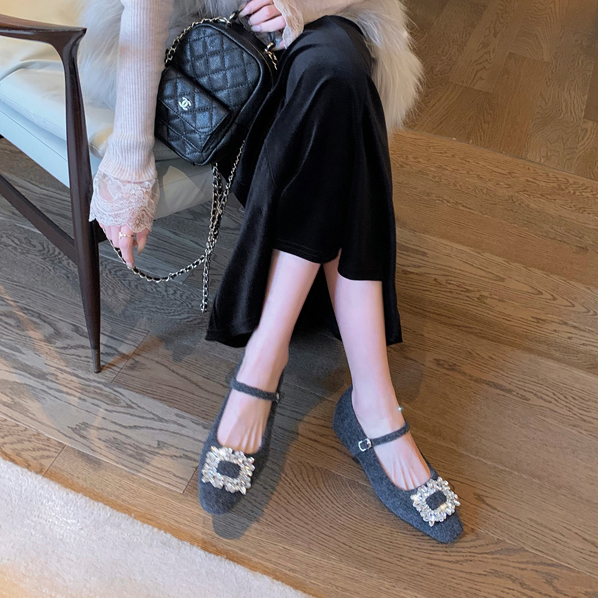 鑽扣小方頭絨裏一字帶保暖毛呢粗跟瑪麗珍單鞋女