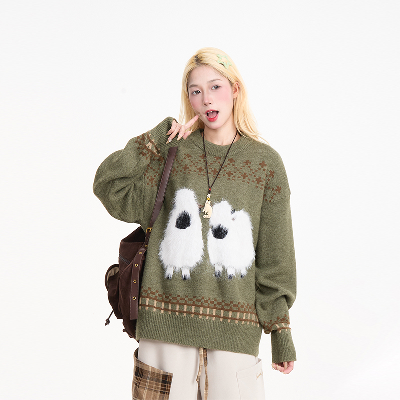 費爾島毛絨小羊毛衣女美式復古慵懶風秋冬寬鬆保暖針織衫