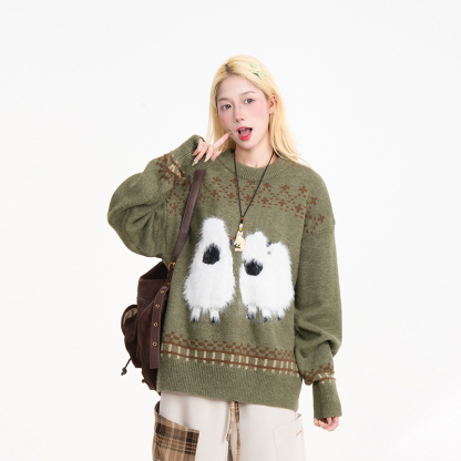 費爾島毛絨小羊毛衣女美式復古慵懶風秋冬寬鬆保暖針織衫