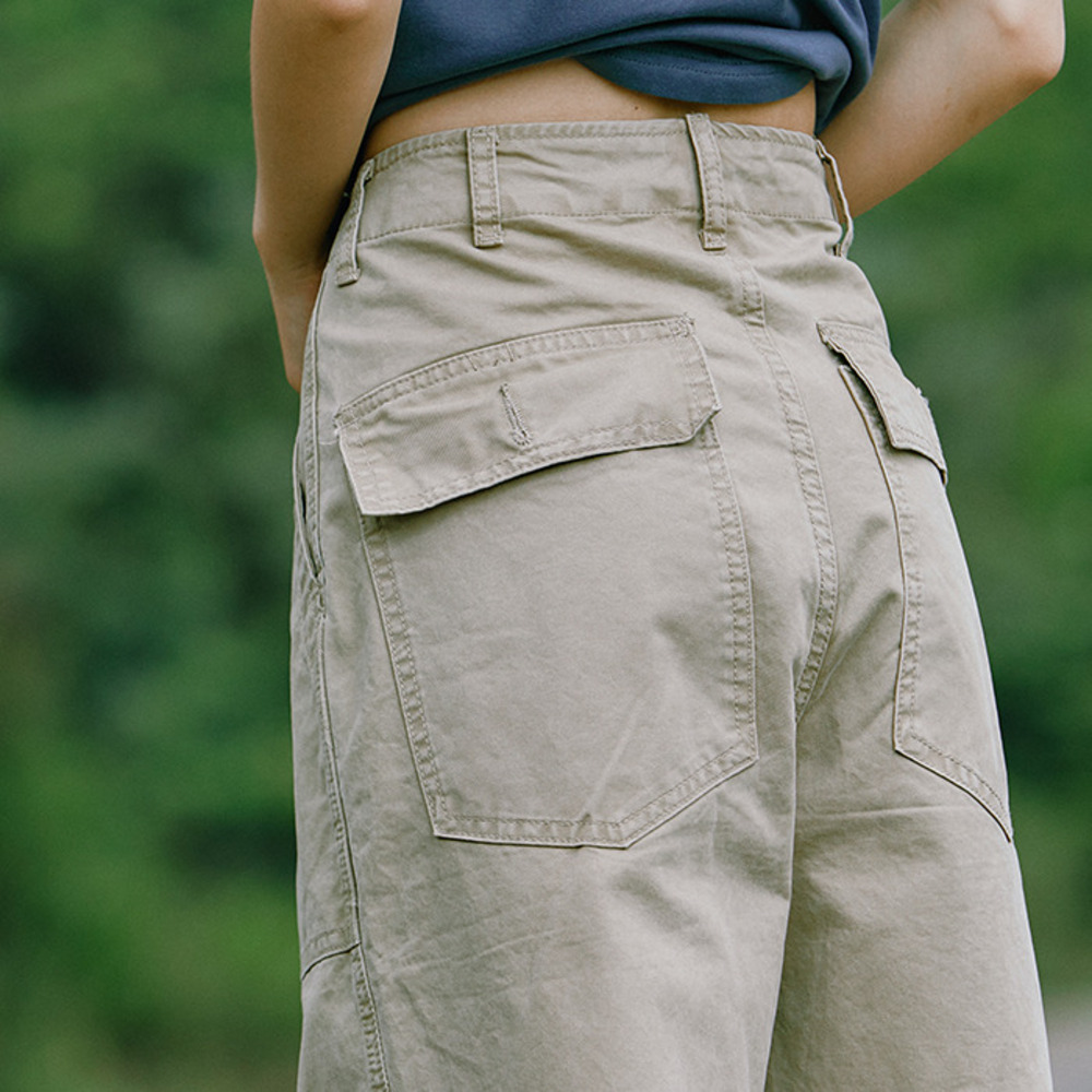 美式復古卡其色直筒工裝褲女百搭休閒褲寬鬆水洗闊腳褲